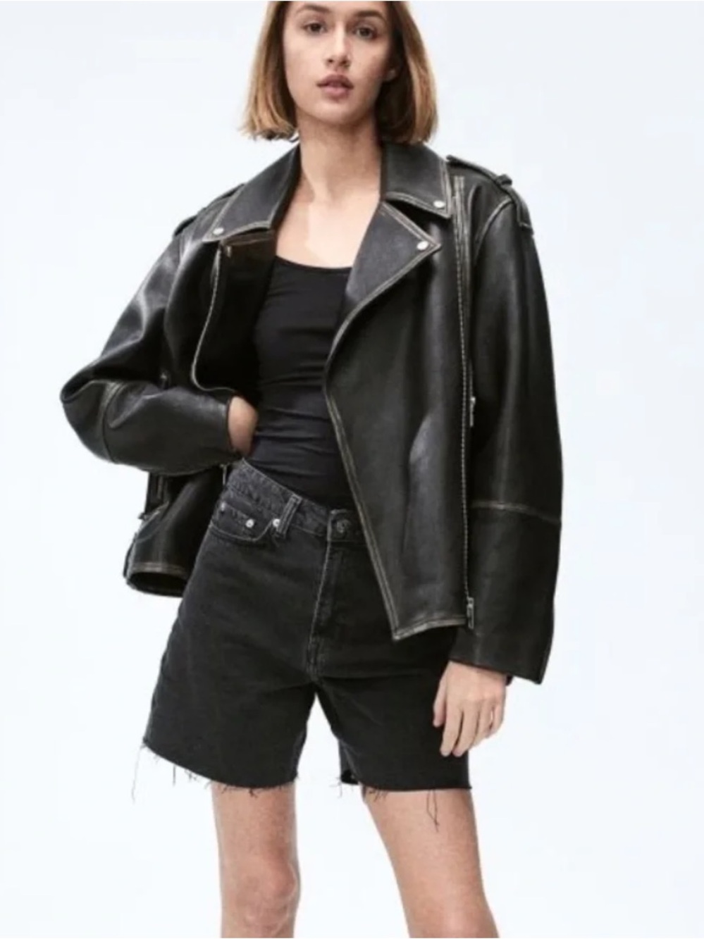 H&M 100% Real Genuine Leather Distressed Moto Biker Jacket Vintage 80s 90s